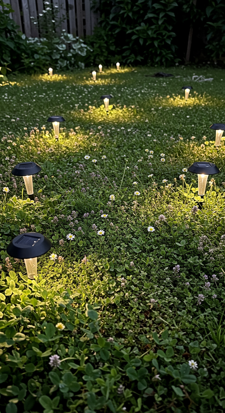 Viele kleine Solar-Gartenleuchten stecken in einer Wiese mit Klee und Gänseblümchen bei Nacht.
