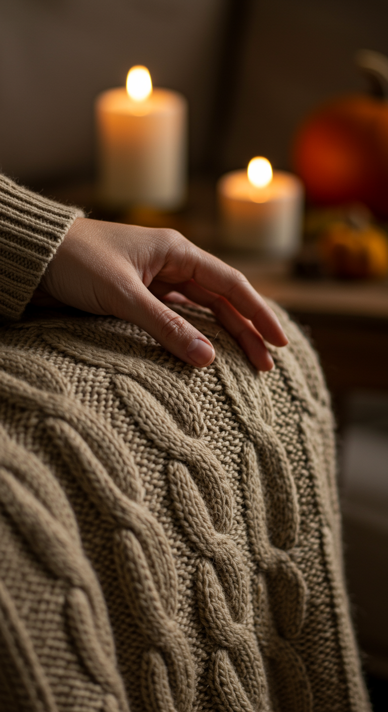 Nahaufnahme einer Hand, die über eine grob gestrickte beige Decke streicht, Kerzen im Hintergrund.