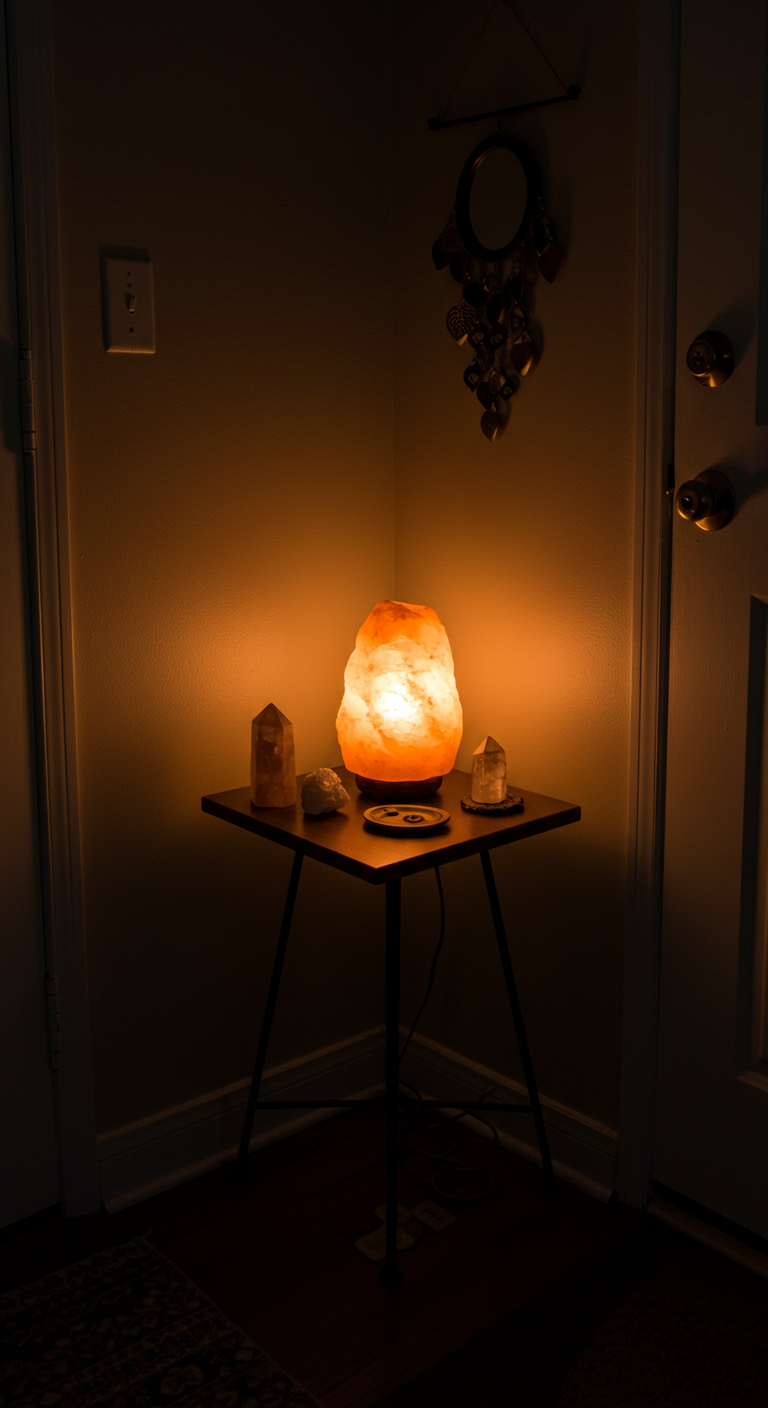 Salzlampe leuchtet warm auf einem kleinen Tisch in einer dunklen Ecke.