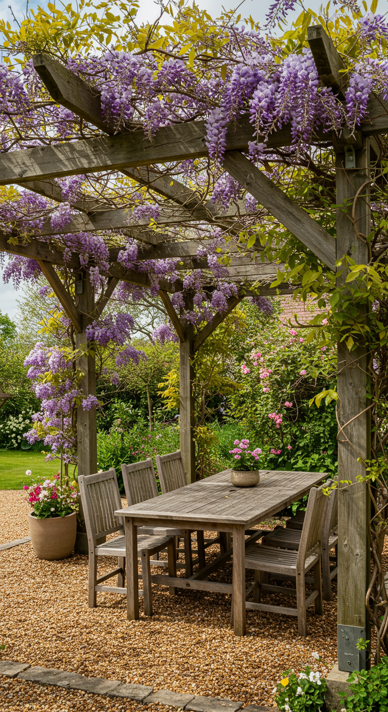 Holzpergola mit üppig blühendem Blauregen über einem Holztisch und Stühlen.