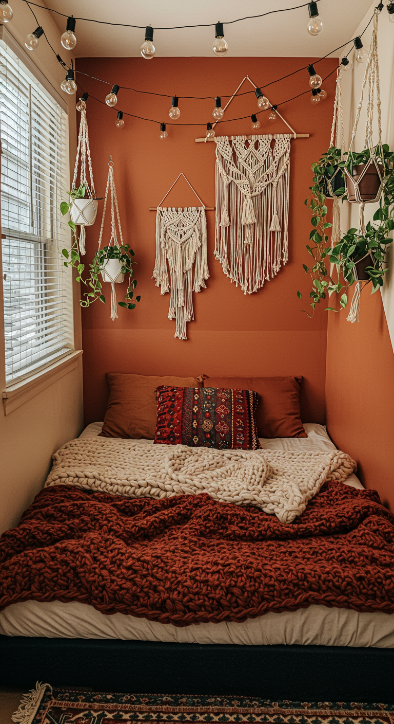 Boho-Schlafzimmer mit Terrakottawand, Makramee und Lichterketten.