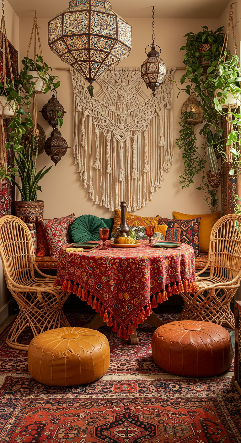 Buntes Boho-Esszimmer mit Rattanmöbeln und vielen Pflanzen