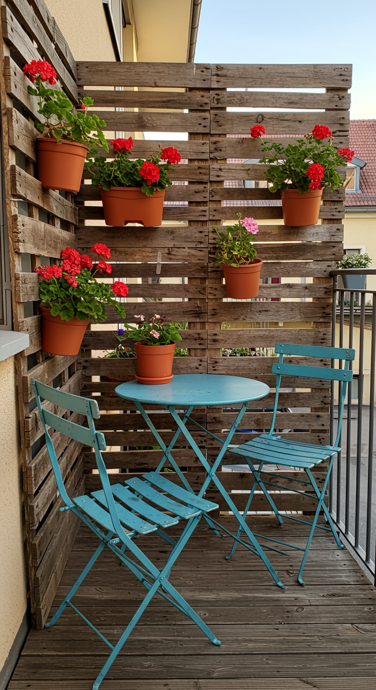 DIY Sichtschutz aus Holzpaletten mit eingehängten Blumentöpfen
