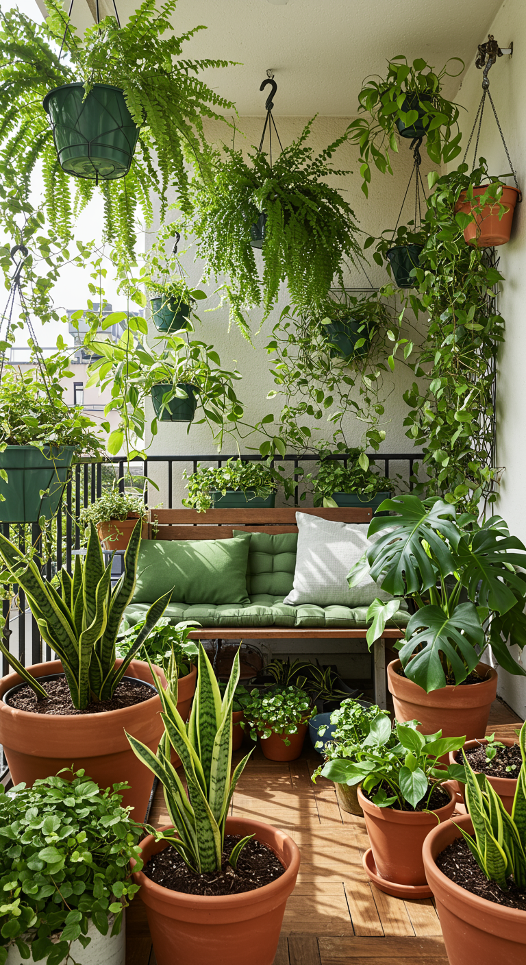 Üppig begrünter Balkon mit Hängepflanzen, Topfpflanzen und Holzbank.