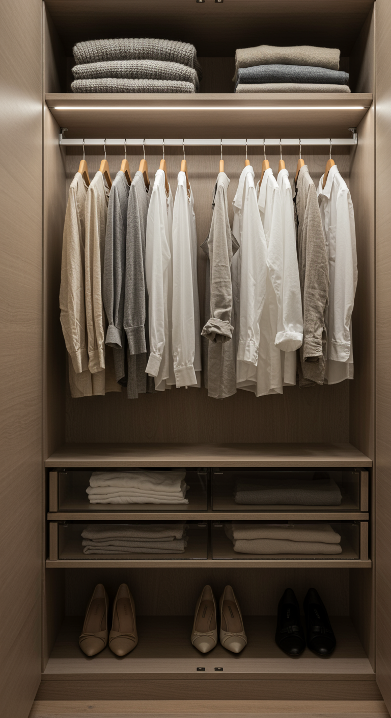 Ordentlicher Kleiderschrank mit hellen Hemden auf Bügeln und gefalteter Kleidung in Fächern.