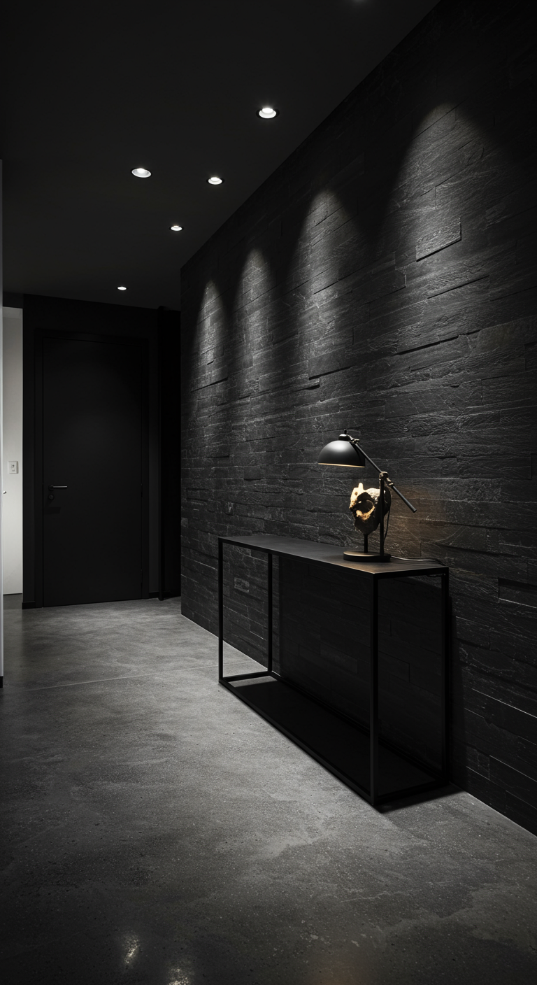Dunkler Flur mit schwarzer Steinwand, Konsole und Spotlights