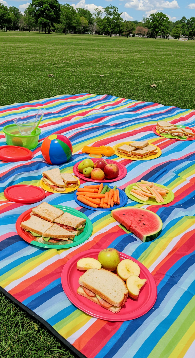Bunte Picknickdecke mit Sandwiches, Obst, Gemüse und einem Ball für Kinder.