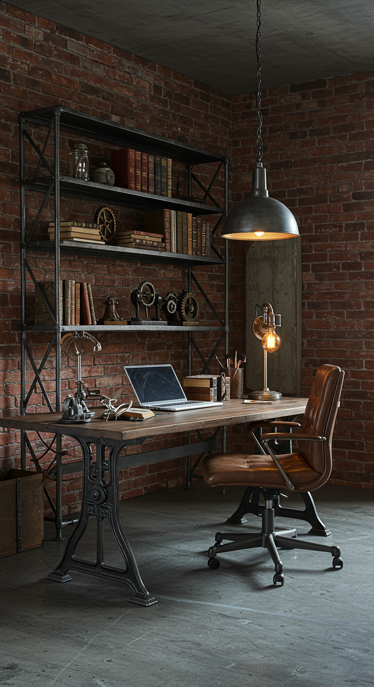 Home Office im Industrial-Stil mit Ziegelwand, Metallregal und Ledersessel.