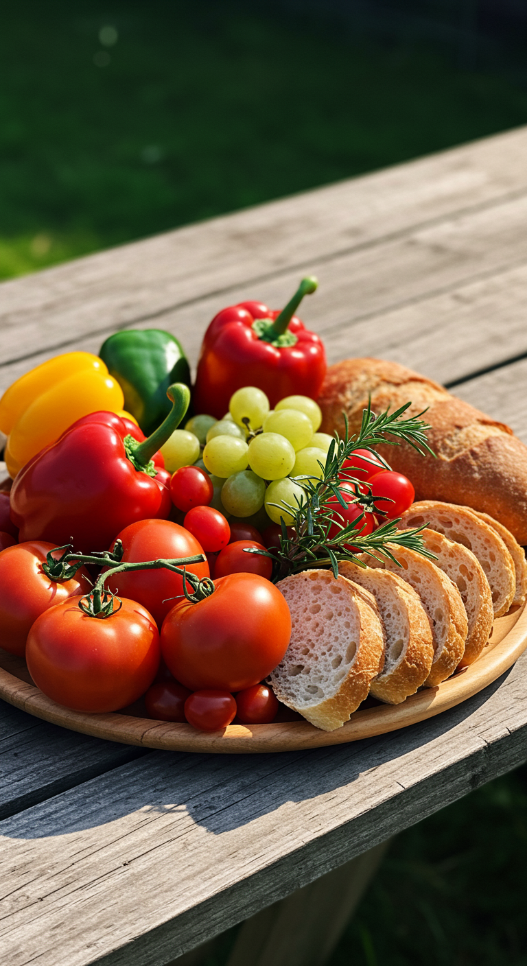 Farbenfrohes Arrangement aus Tomaten, Paprika, Trauben und Brot auf einem Holzteller.
