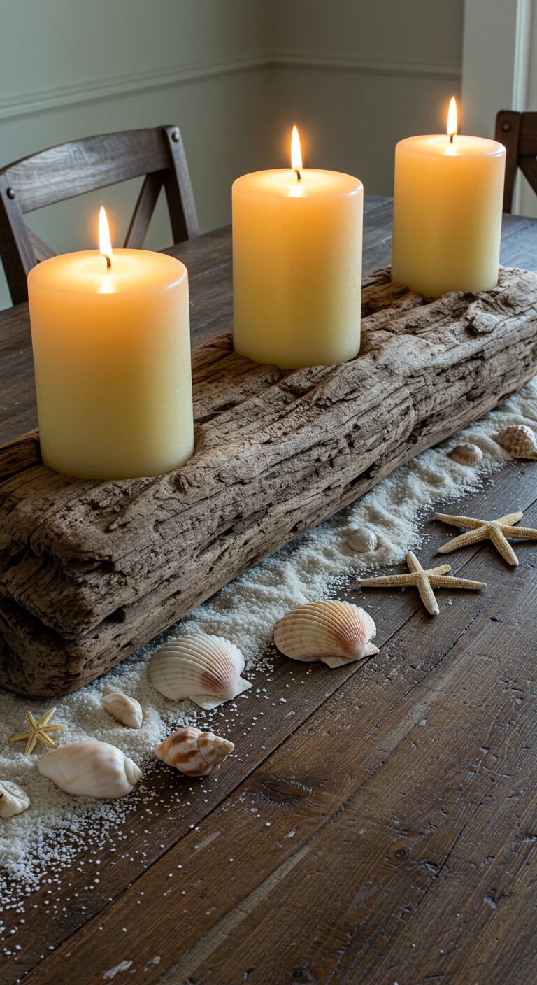 Tischdeko mit Treibholz, Kerzen, Sand und Muscheln.