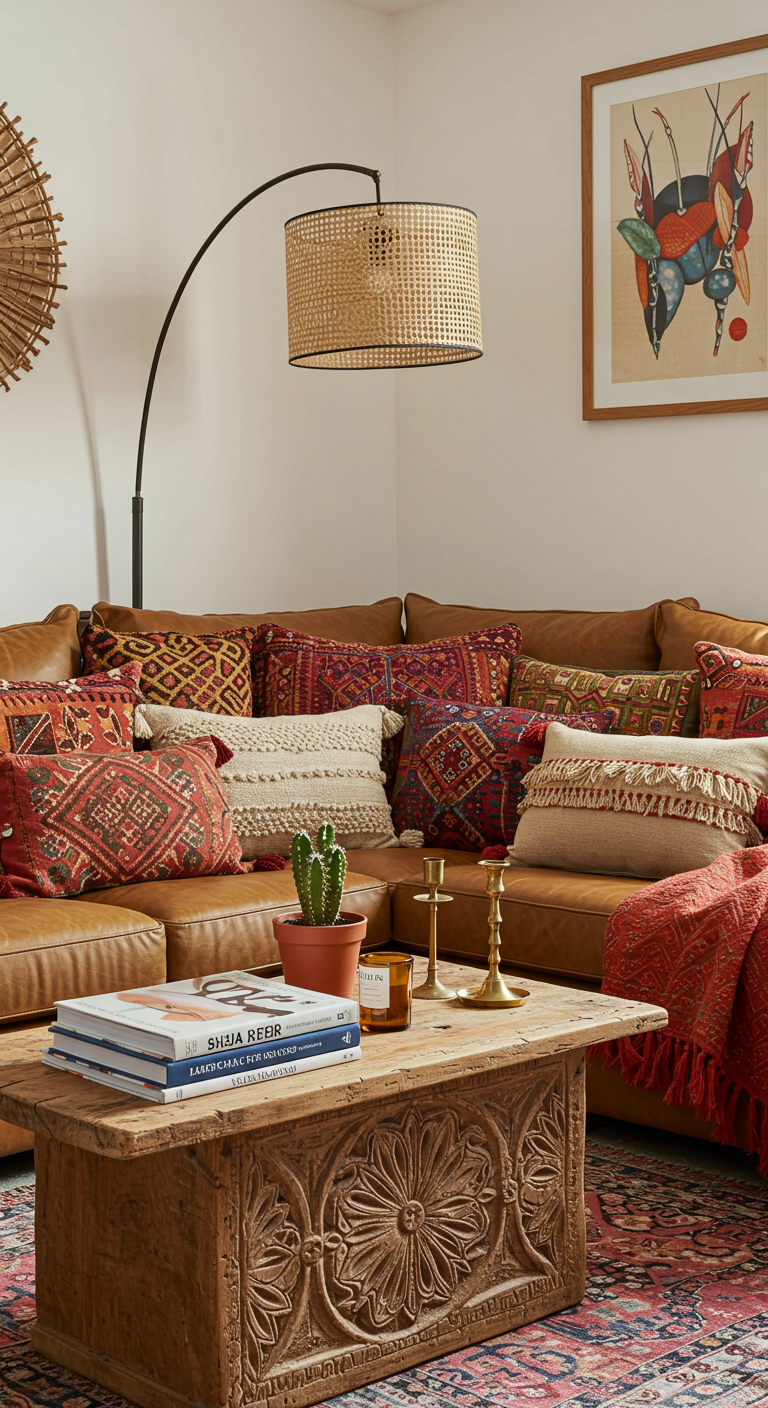 Boho-Wohnzimmer mit Ledersofa voller gemusterter Kissen und Holztisch.