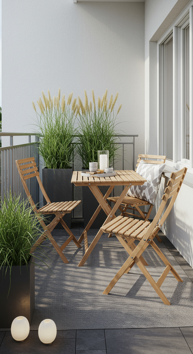 Moderner Balkon mit Klapptisch und Stühlen aus Holz, hohen Gräsern in Kübeln.
