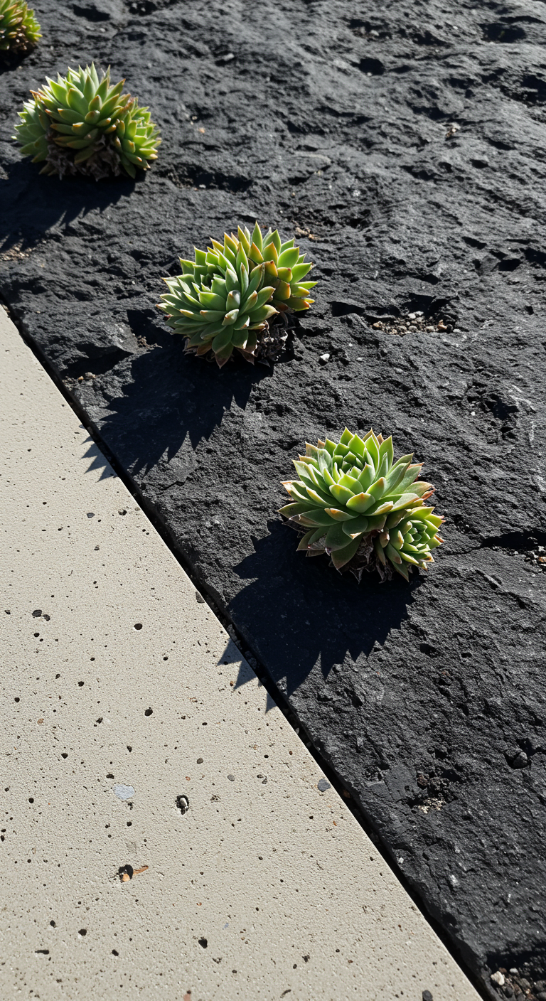 Sukkulenten wachsen zwischen dunklen Steinplatten und hellem Beton