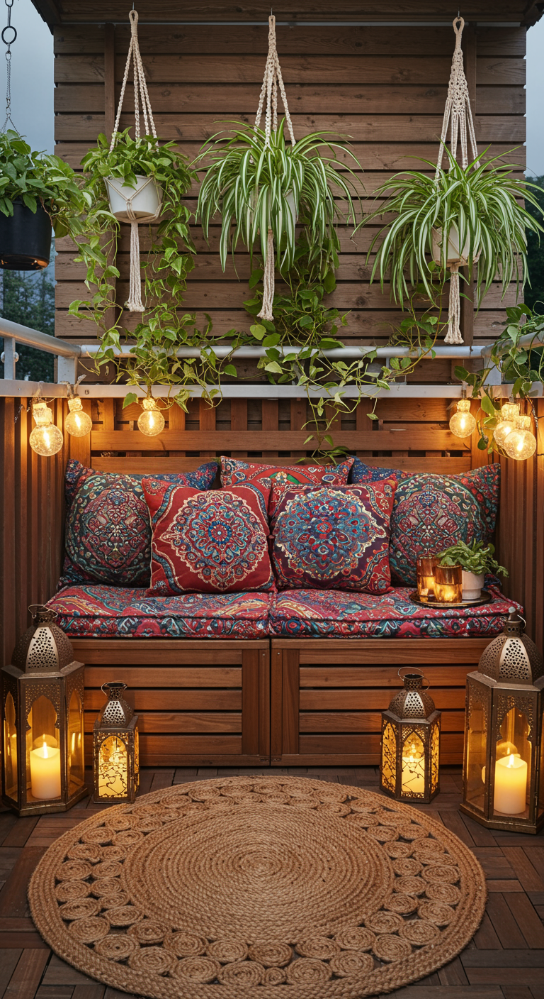 Gemütliche Holzbank mit bunten Boho-Kissen, Jute-Teppich, Laternen und Hängepflanzen.
