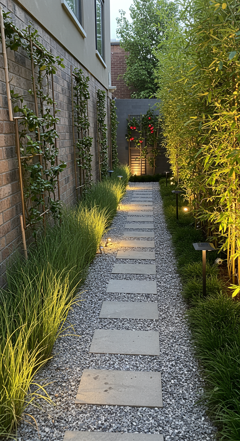 Schmaler Gartenweg mit Trittsteinen, Kies, Gräsern und Bodenleuchten.