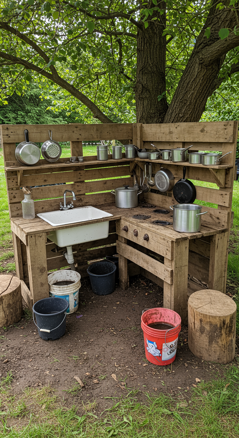 Rustikale Matschküche aus Holzpaletten mit Waschbecken, Töpfen und Baumstumpf-Hockern.