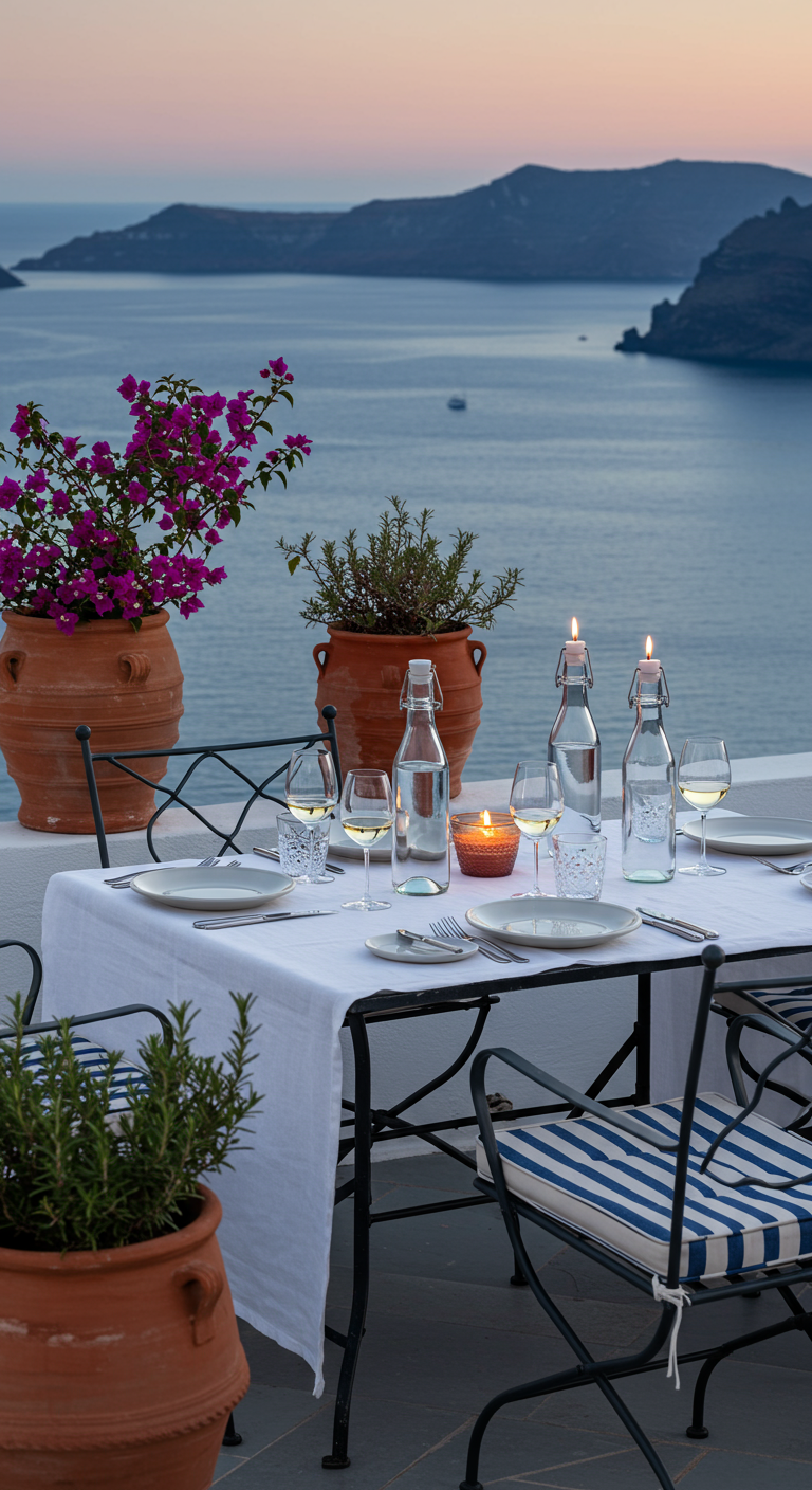 Weiß gedeckter Tisch mit Blick aufs Meer, Terrakotta-Töpfen und Kerzen.