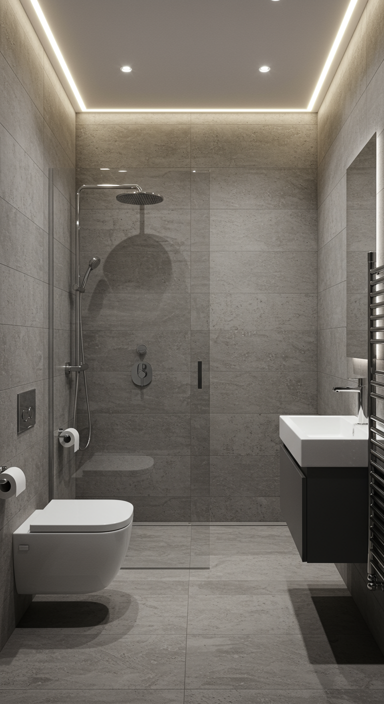 Modernes Bad mit bodengleicher Dusche, Glaswand und Hänge-WC