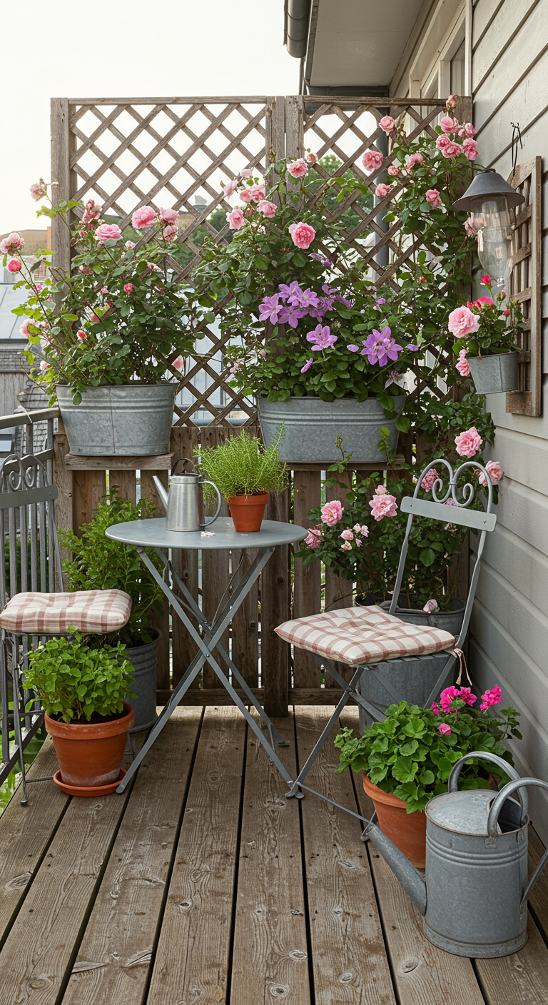 Kleiner Balkon mit Holzspalier, an dem rosa Rosen und lila Clematis ranken. Zinktöpfe.