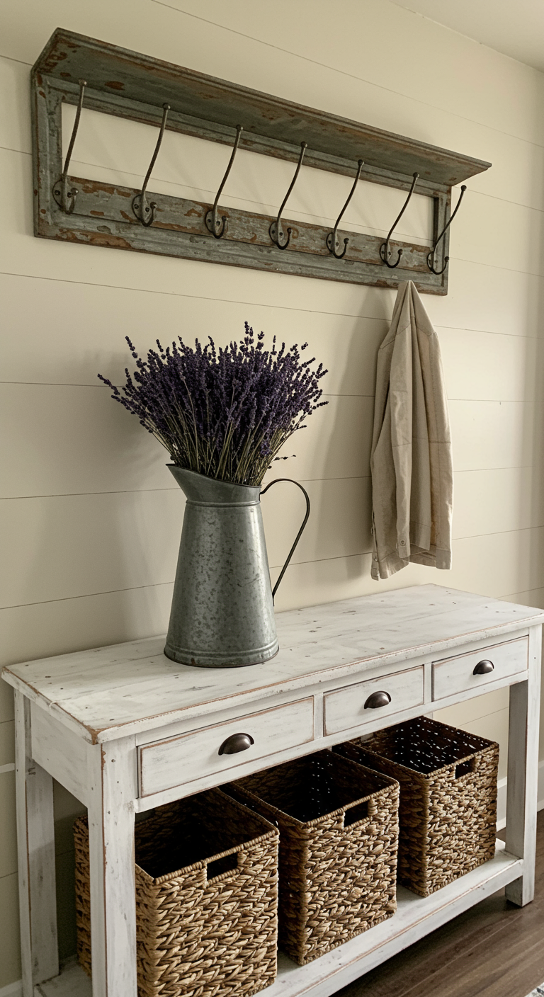 Flur im Landhausstil mit weißer Konsole, Körben, rustikaler Hakenleiste und Lavendel.