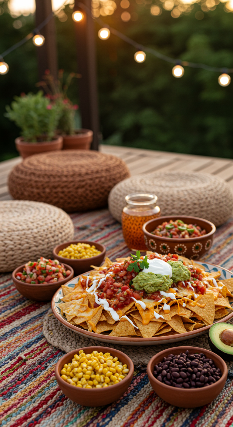 Große Platte mit überbackenen Nachos, Salsa, Guacamole und Sauerrahm.
