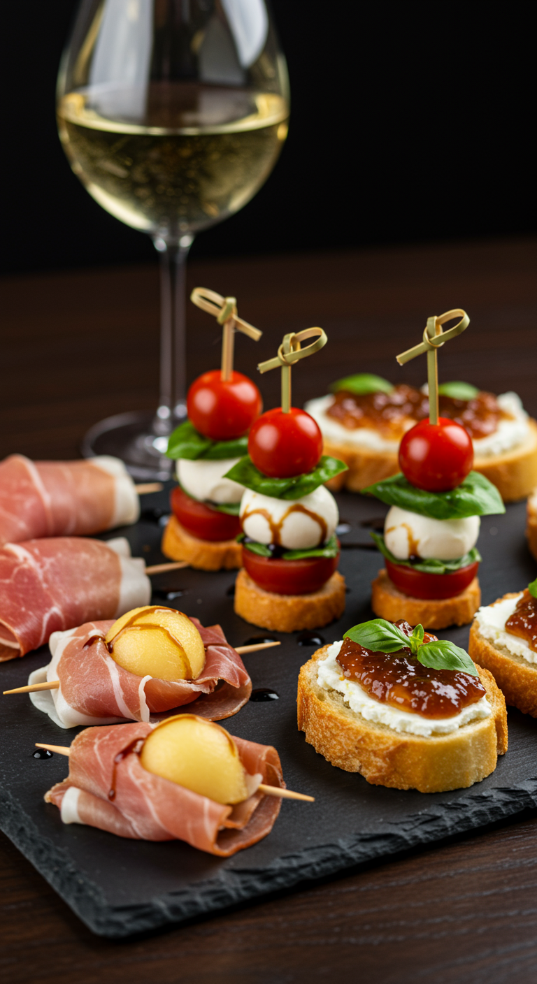 Caprese-Spieße mit Tomate, Mozzarella und Basilikum auf einer Schieferplatte.