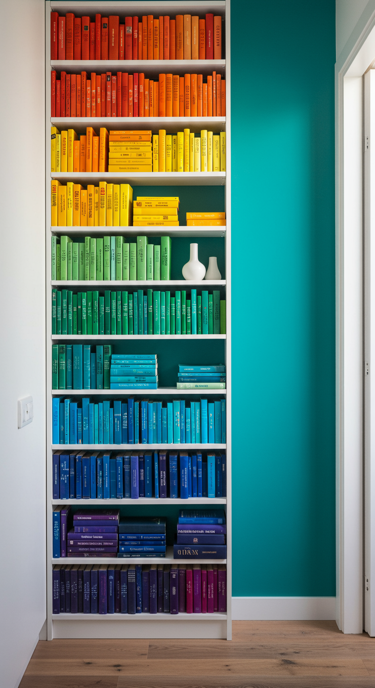 Hohes weißes Bücherregal, Bücher nach Regenbogenfarben sortiert.