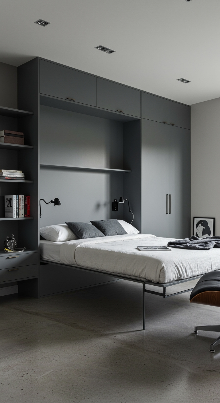 Modernes Klappbett (Murphy Bed) integriert in eine graue Schrankwand.