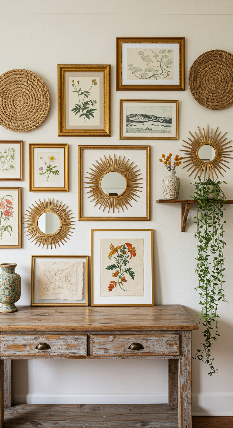 Boho-Gallery-Wall mit Goldrahmen, Spiegeln, botanischen Drucken über Holztisch.