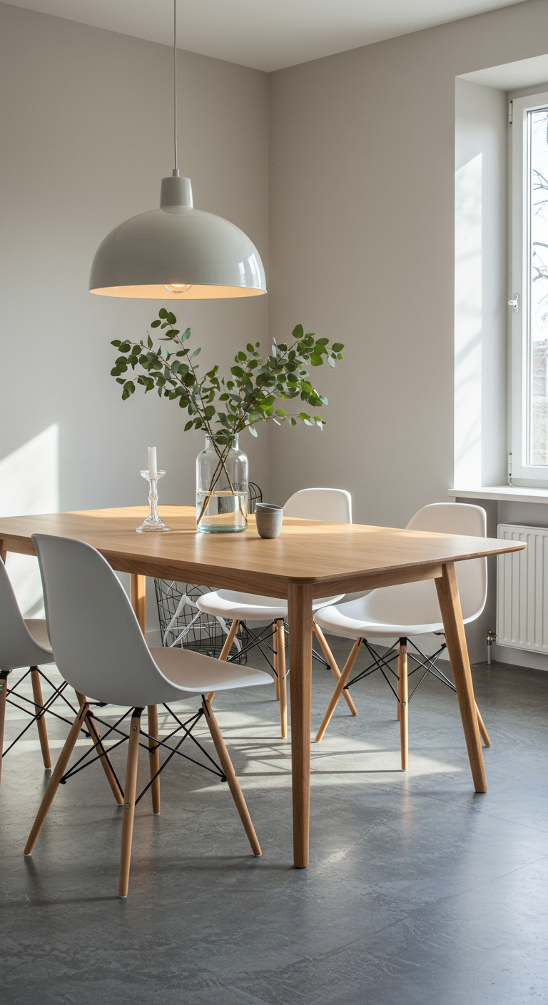 Heller Essbereich mit Holztisch, weißen Stühlen und großer weißer Pendelleuchte.