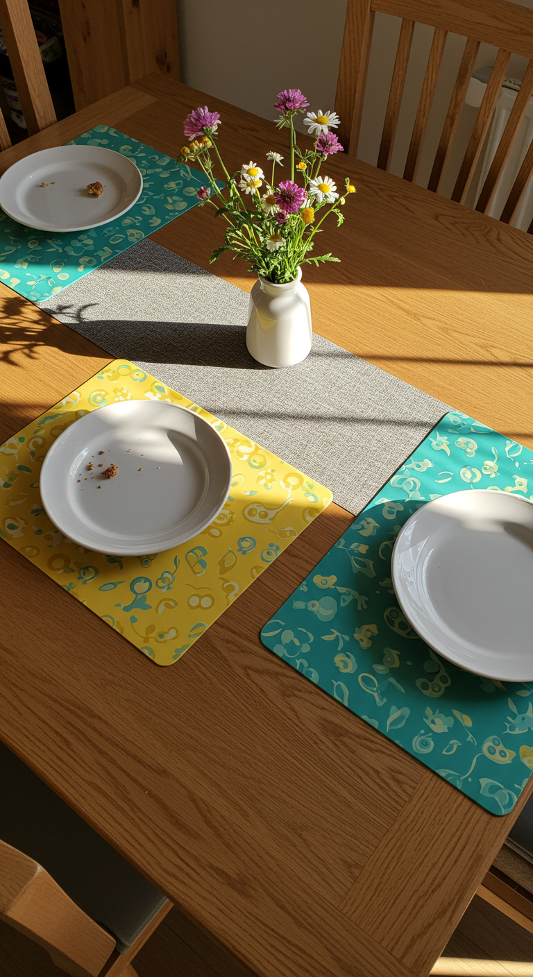 Holzesstisch mit bunten, gemusterten Tischsets, weißen Tellern und einer kleinen Vase mit Wiesenblumen.