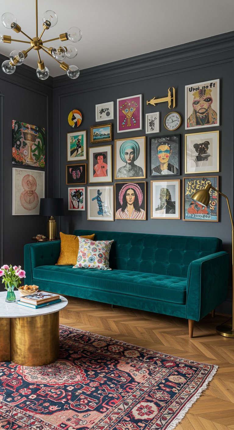Buntes Wohnzimmer mit Bilderwand