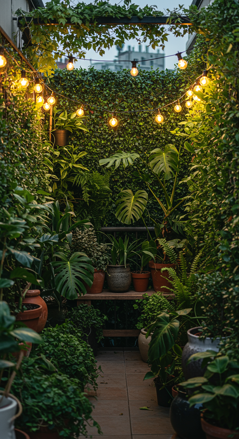 Schmaler Balkon, dicht bewachsen mit Efeu an Wänden und Decke, beleuchtet von einer Lichterkette.
