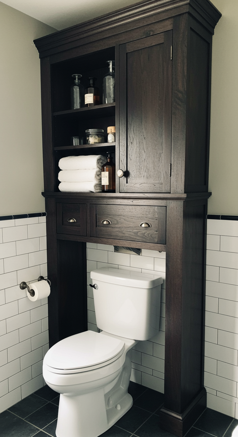 Dunkelbrauner Holzschrank über der Toilette mit offenen Fächern
