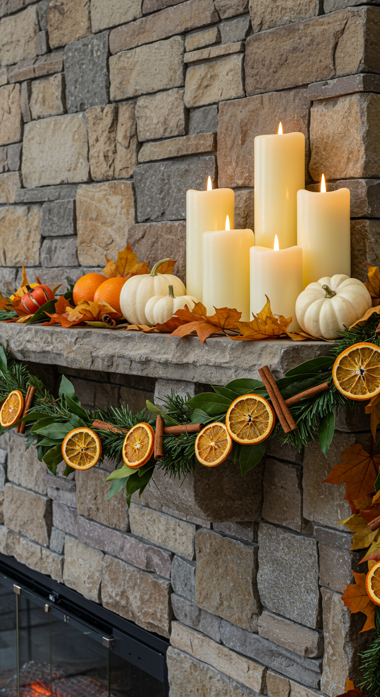 Herbstlich dekorierter Kaminsims mit Kerzen, Orangenscheiben, Zimtstangen und Kürbissen.
