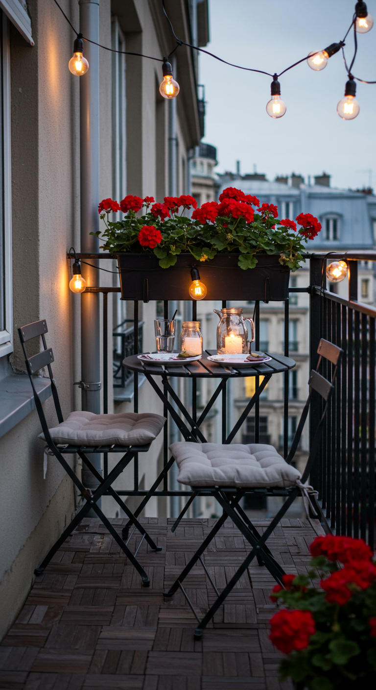 Kleiner Balkon mit schwarzem Bistro-Set, roten Blumen im Kasten und Lichterkette.