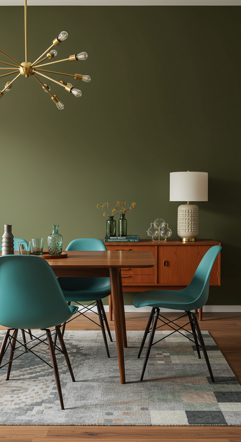 Mid-Century Esszimmer mit grüner Wand und türkisen Stühlen
