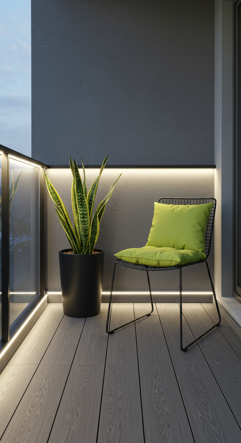 Moderner Balkon bei Dämmerung mit LED-Bodenbeleuchtung, schwarzem Stuhl und einer Sansevieria.