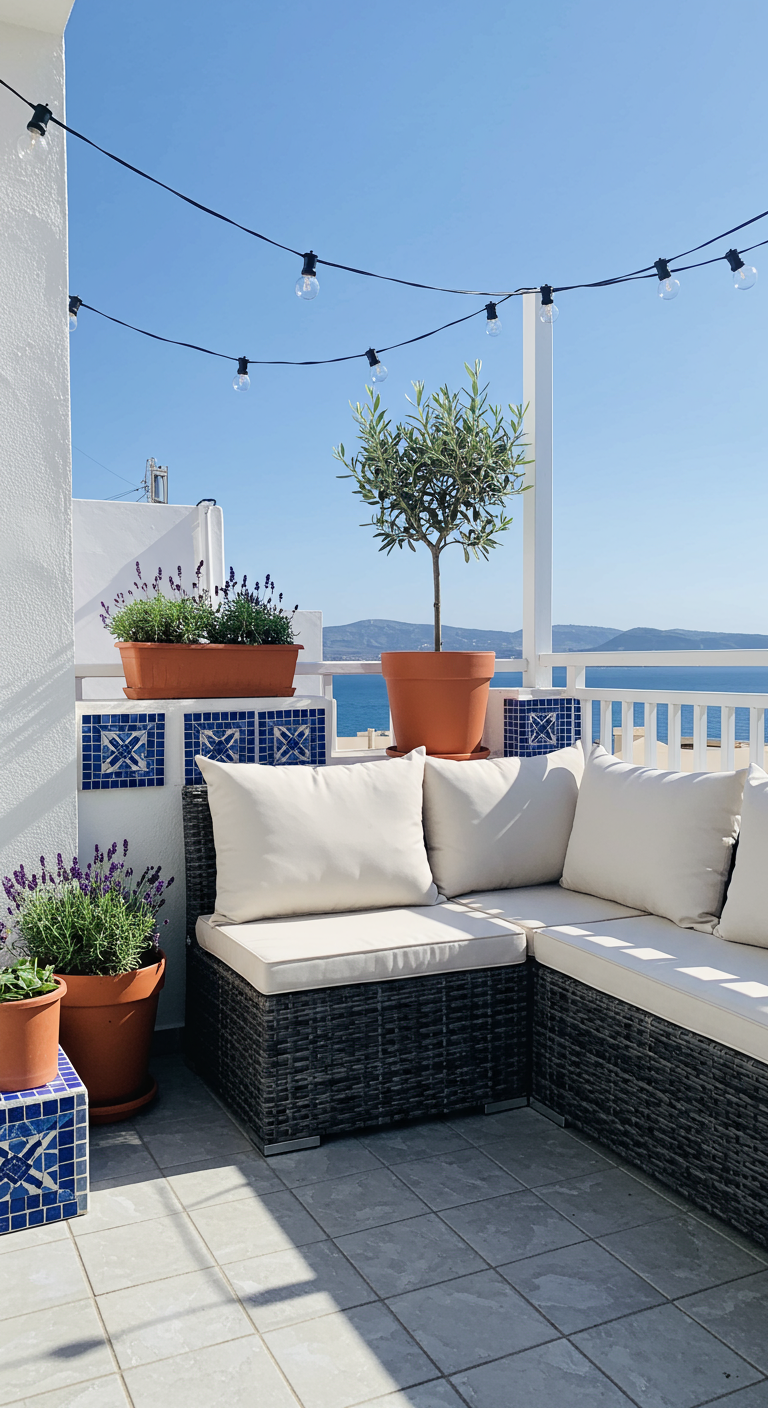 Mediterraner Balkon mit weißer Lounge-Ecke, Olivenbaum, Lavendel und Mosaikfliesen.