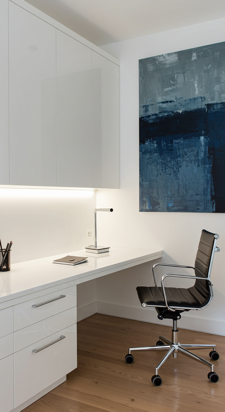 Modernes, weißes Home Office mit Hochglanzfronten und integrierter Beleuchtung.