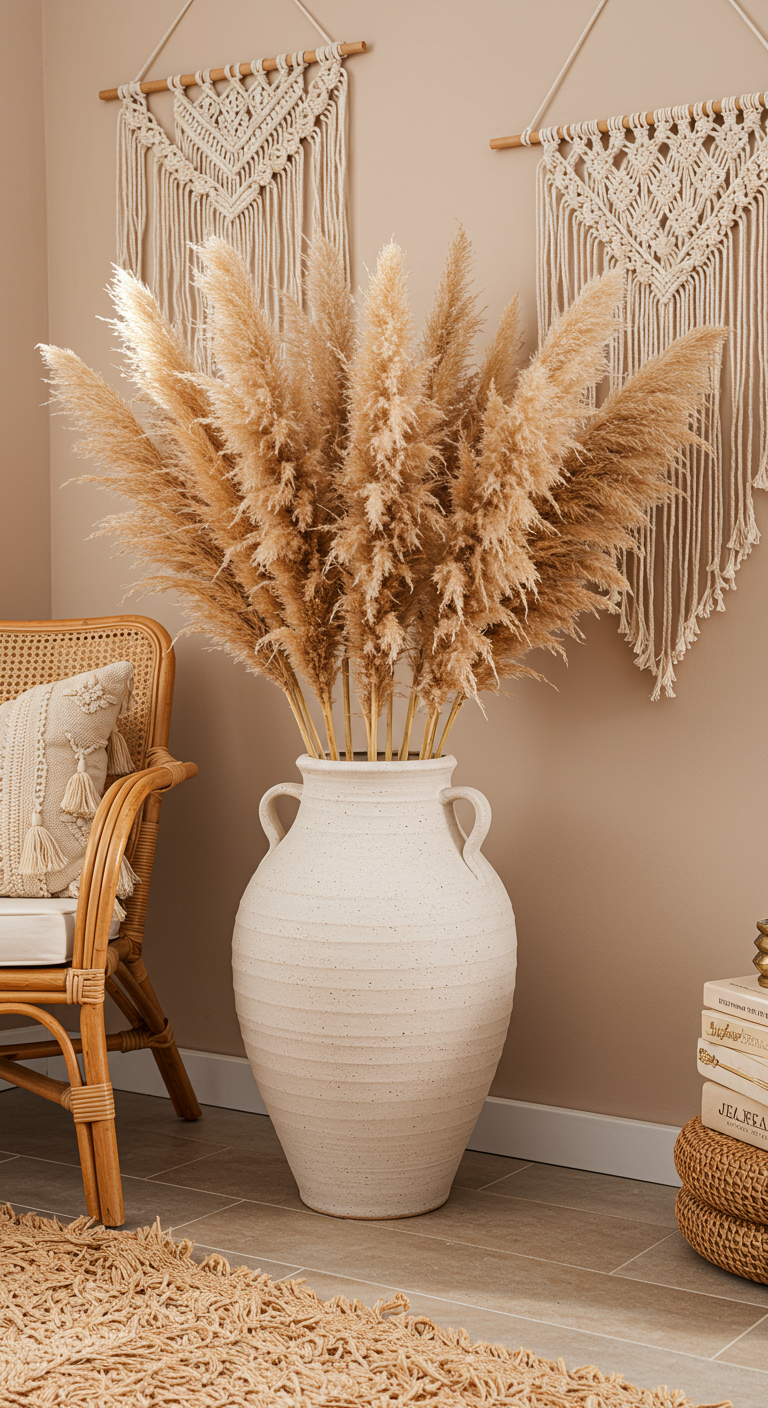 Große, helle Keramikvase mit üppigem Pampasgras in einer Boho-Wohnzimmerecke.
