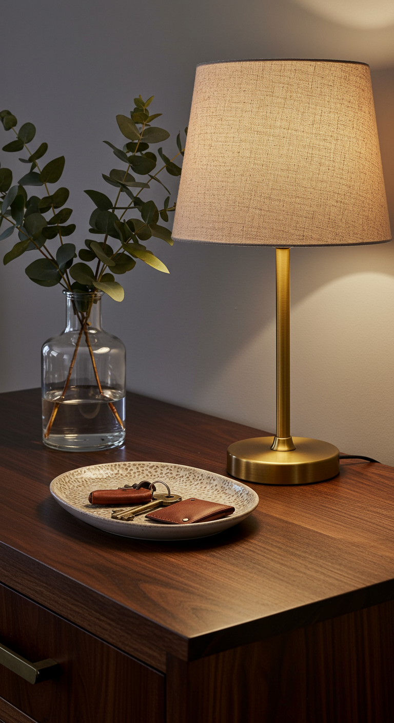 Detailaufnahme einer Holzkommode mit Lampe, Schlüsselablage und kleiner Vase.