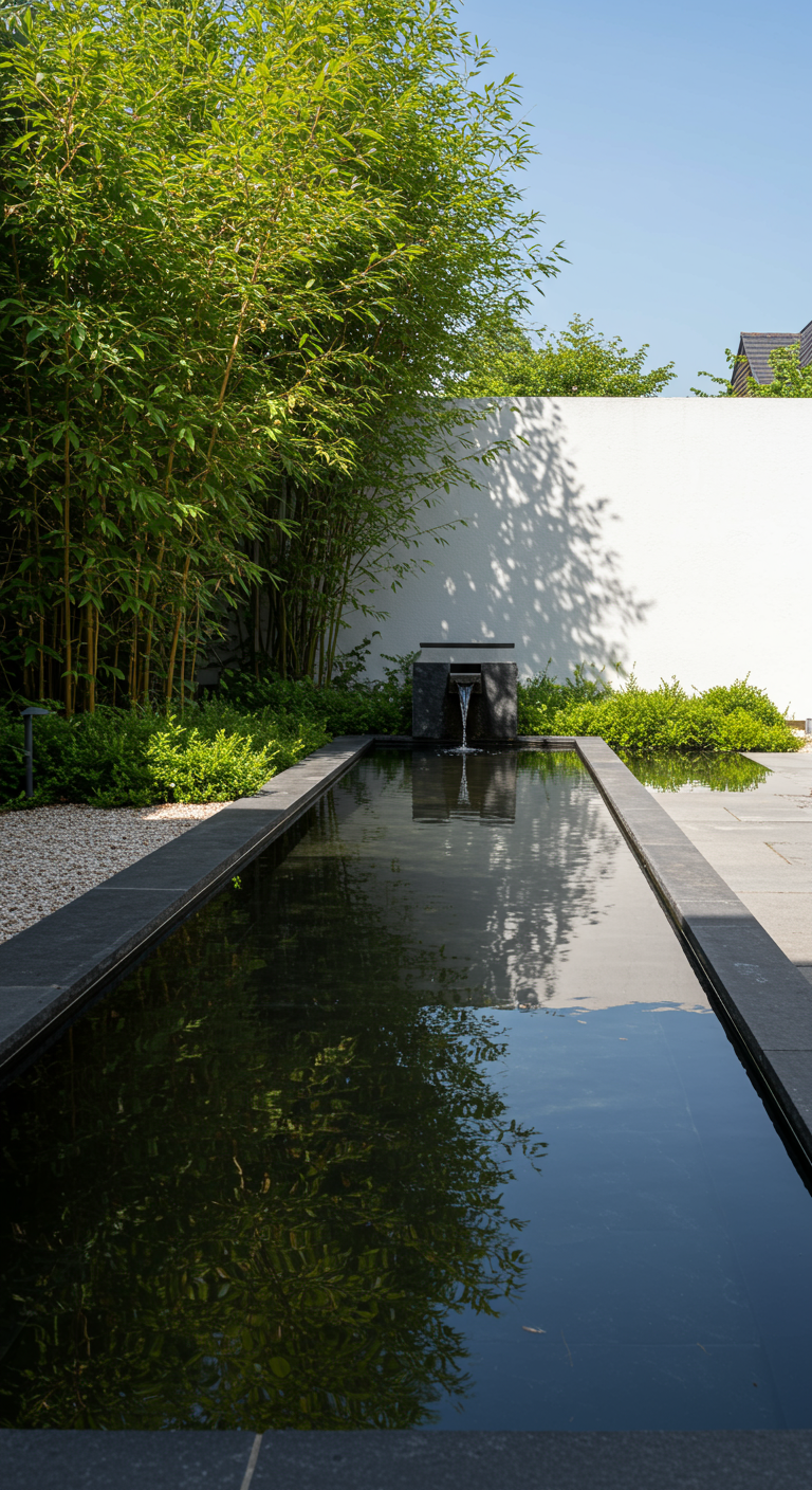 Modernes langes Wasserbecken mit Wasserfall und Bambus im Hintergrund
