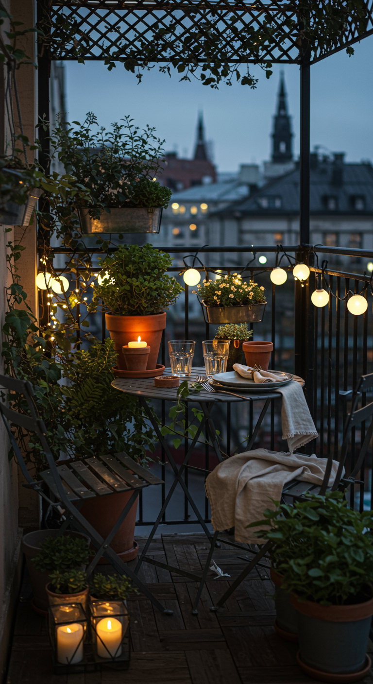 Kleiner Stadtbalkon mit Tisch für zwei, vielen Pflanzen und Lichterketten bei Nacht.