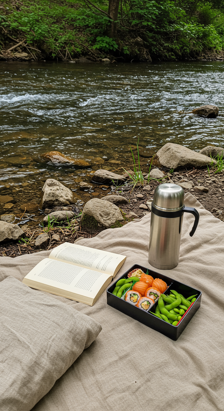 Picknickdecke am Flussufer mit offenem Buch, Bento-Box mit Sushi und Edamame, Thermoskanne.