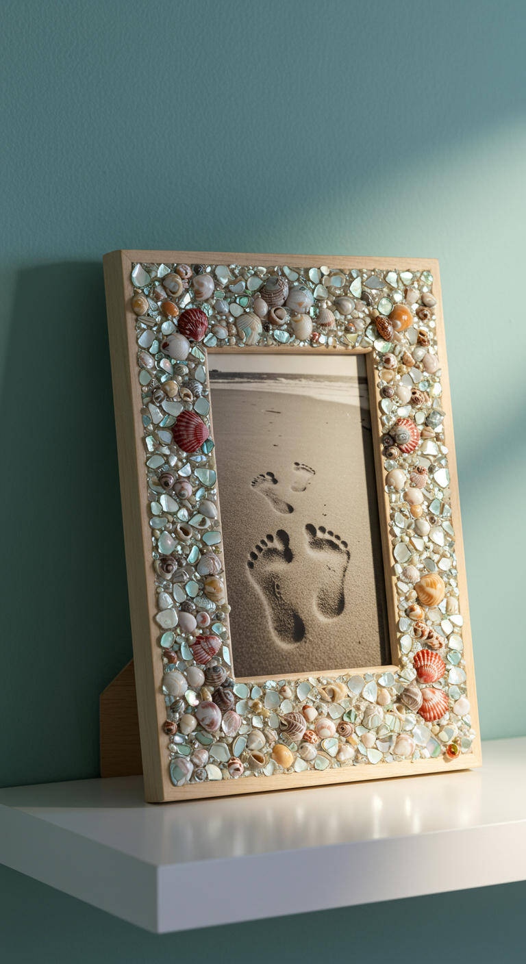 DIY Bilderrahmen verziert mit kleinen Muscheln und Seeglas.