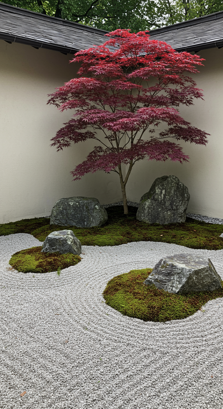 Japanischer Zen-Garten mit geharktem Kies, Moosinseln, großen Felsen und rotem Ahorn.