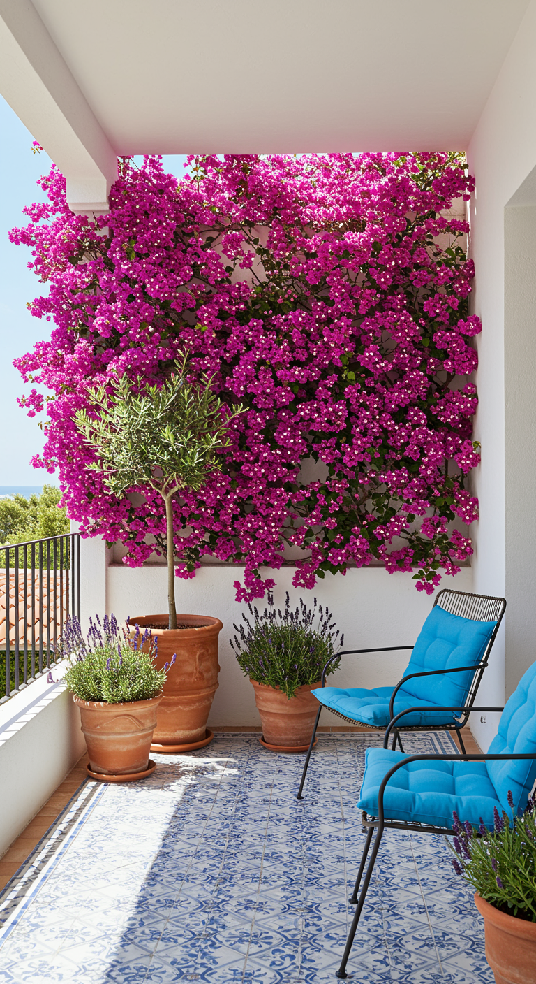 Balkon mit einer Wand voller pinker Bougainvillea, Lavendel und Olivenbaum in Terrakottatöpfen.