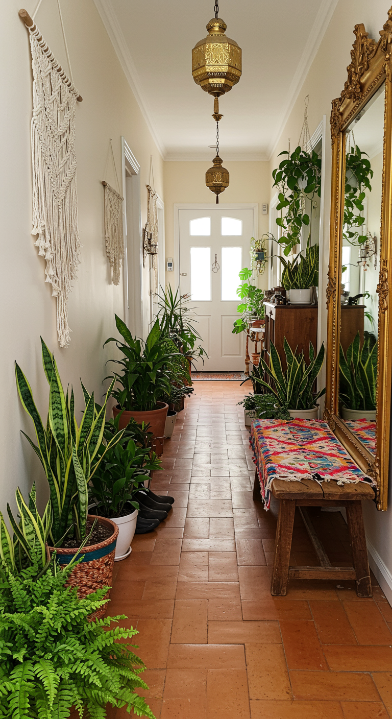 Boho-Flur mit vielen Grünpflanzen, Holzbank und goldenem Spiegel