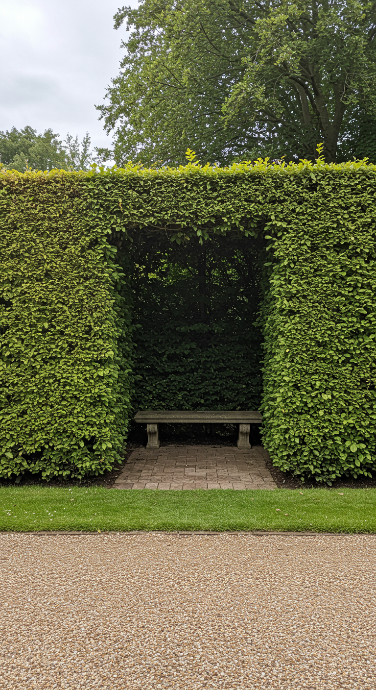 Exakt geschnittene, hohe Hecke formt einen privaten Sitzplatz mit Bank.